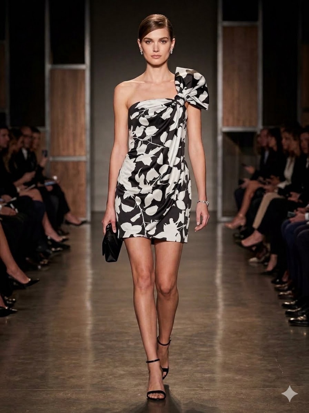 As It May One-Shoulder Black & White Floral Mini Dress with Bow Detail